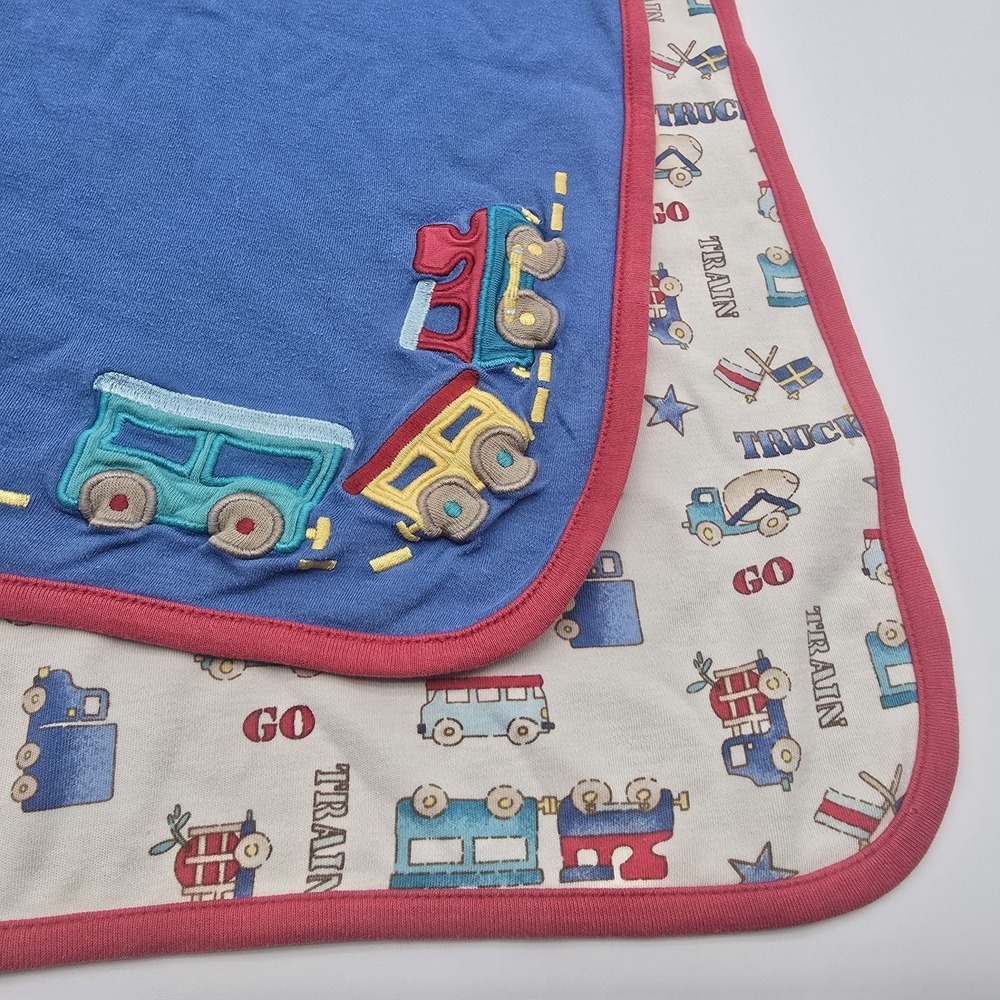 Vintage Gymboree Trucks Trains Rainbow Tag Blue Red Blanket Reversible Cotton